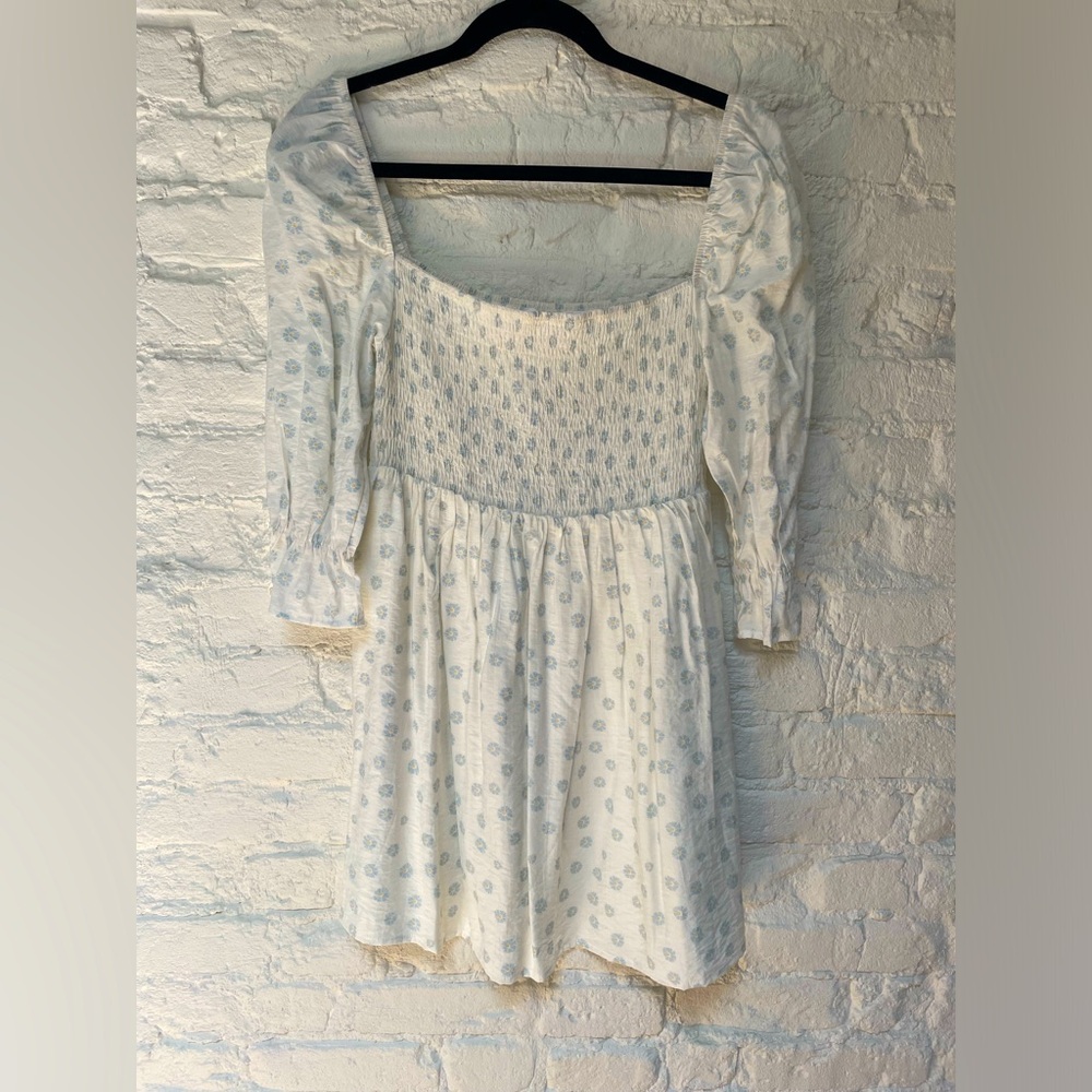 Pretty white and blue flower peasant dress off the shoulder puffy sleeve